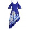 Robe Asymétrique Fleur à Epaule Dénudée de Grande Taille à Volants - Bleu Myrtille L