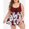 Maillot de Bain Fleuri Imprimé de Grande Taille avec Nœud Papillon Deux Pièces - Rouge Vineux 3X