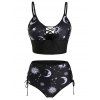 Maillot de Bain Bikini Croisé Lune Etoile et Soleil Imprimés - Noir L