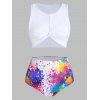 Maillot de Bain Tankini Tordu en Avant Peinture Eclaboussée Imprimée - Blanc L