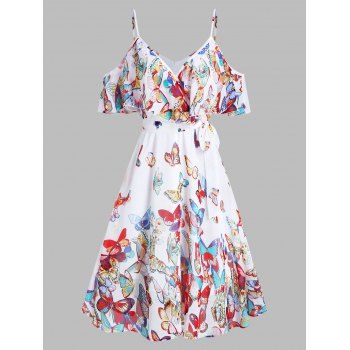

Butterflies Print Knotted Cold Shoulder Dress, White