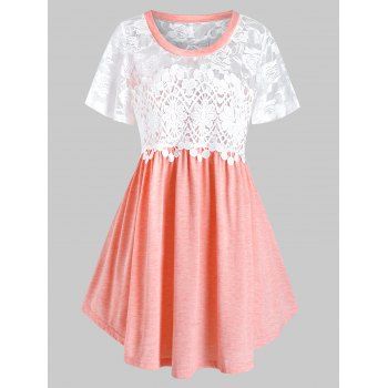 

Plus Size Lace Insert Peplum T Shirt, Flamingo pink