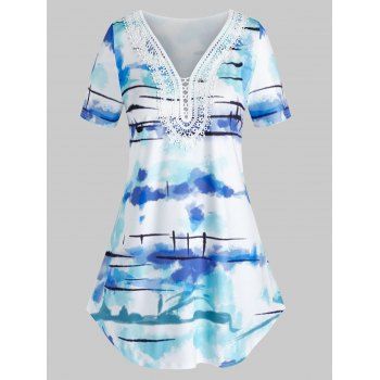 

Plus Size Tie Dye Pattern V Neck Lace T Shirt, White