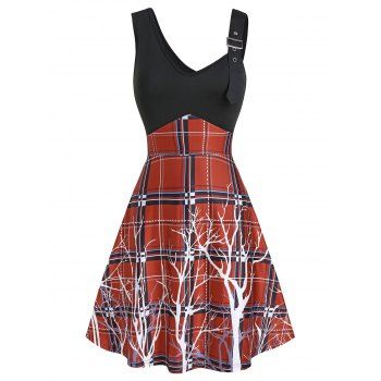 

Buckle Strap V Neck Plaid High Waist Dress, Black