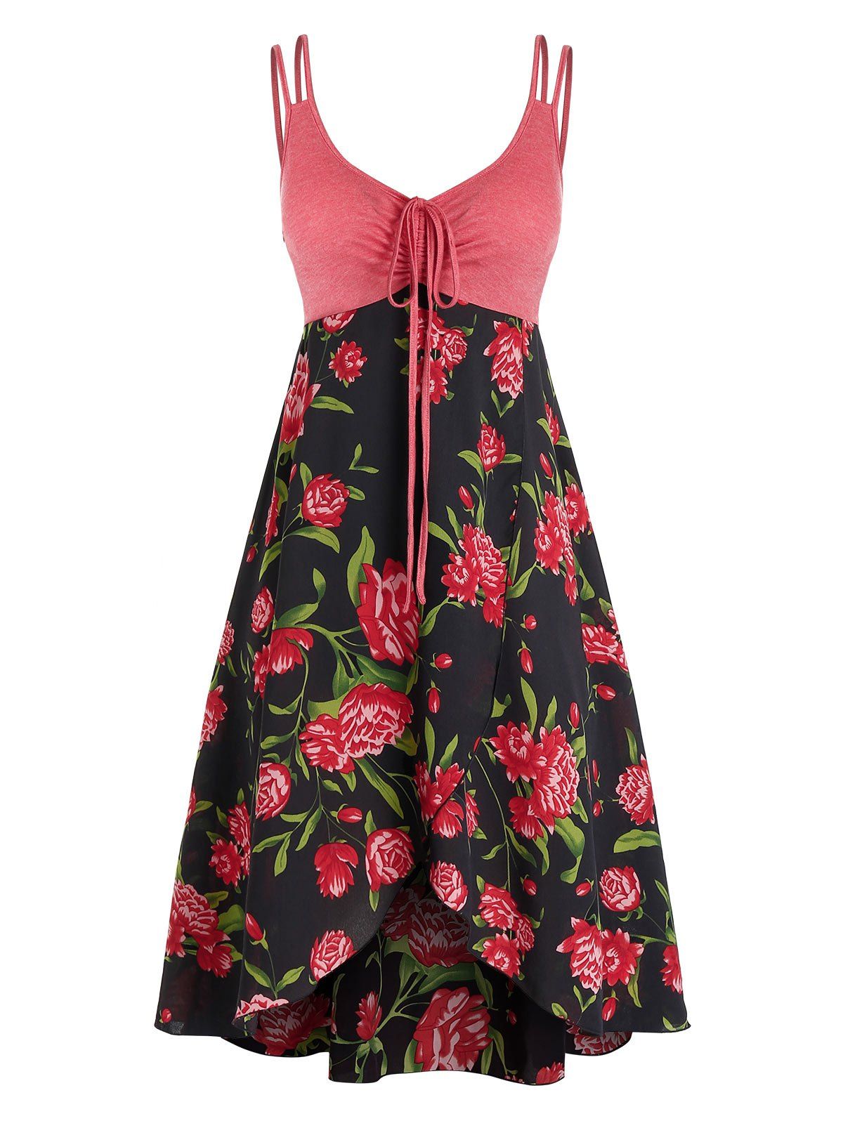 

Plus Size Flower Cinched Tie Overlap Backless Dress, Black