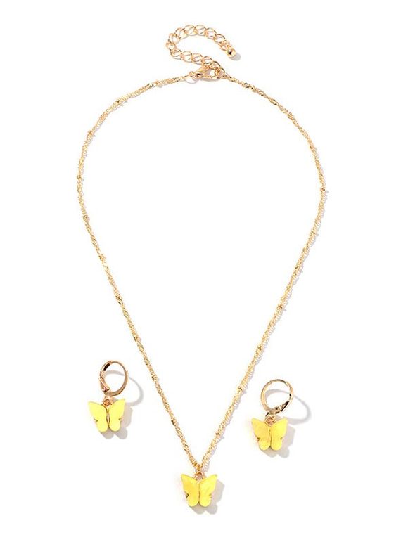 Ensemble de Collier Papillon en Résine et de Boucles d'Oreilles Pendantes - Jaune 