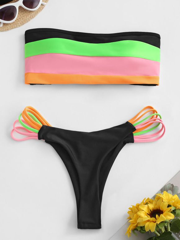 Maillot de Bain Bikini Bandeau Découpe en Bloc de Couleur - multicolor L