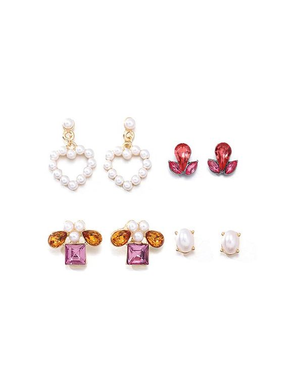Ensemble de Boucles d'Oreilles Géométriques Cœur avec Fausse Perle 4 Pièces - Or 