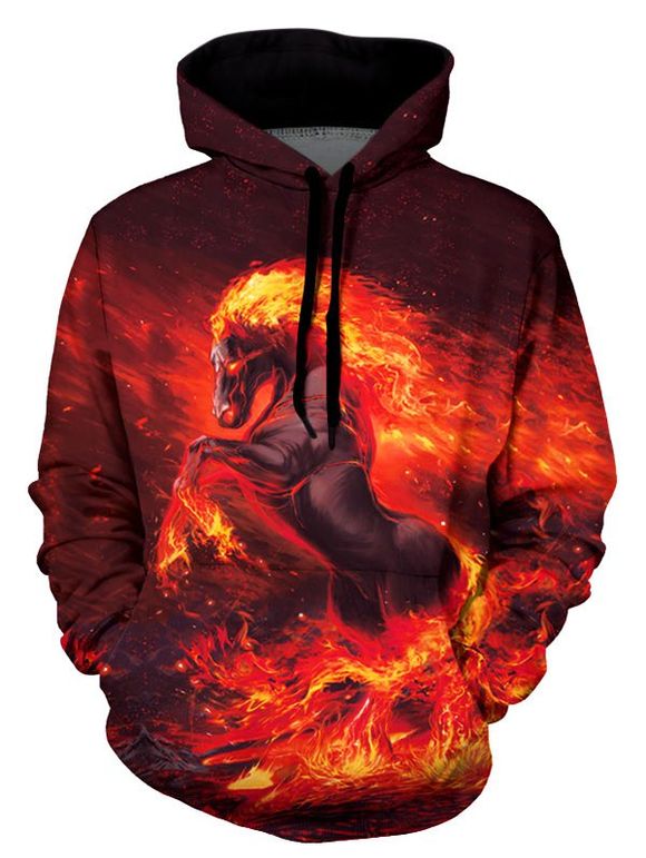 Fire Horse Graphic Front Pocket Casual Hoodie - multicolor XL