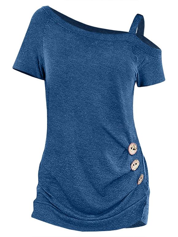 T-shirt Embelli de Bouton Manches Raglan à Col Oblique - Bleu Myrtille S