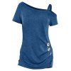 T-shirt Embelli de Bouton Manches Raglan à Col Oblique - Bleu Myrtille L
