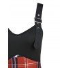 Buckle Strap V Neck Plaid High Waist Dress - BLACK 3XL