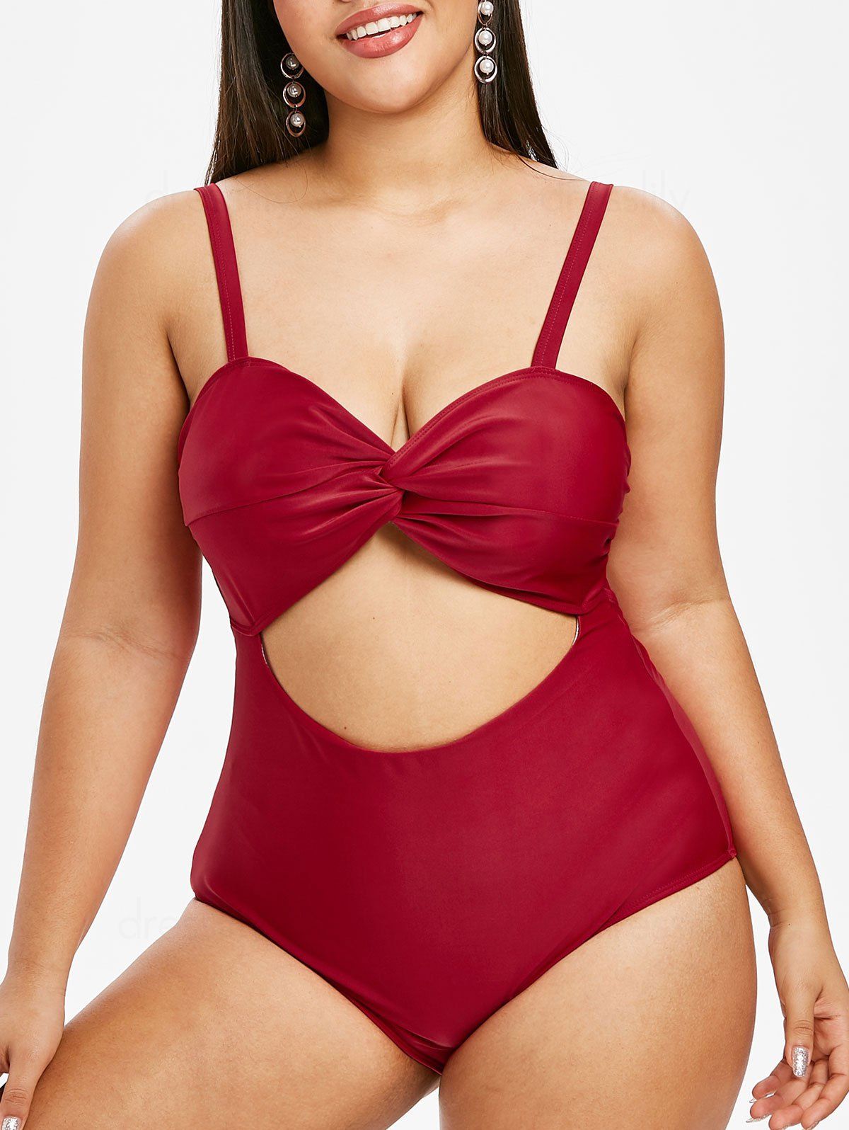 Plus Size Twist Backless Knot One-piece Swimsuit - RED WINE 5X