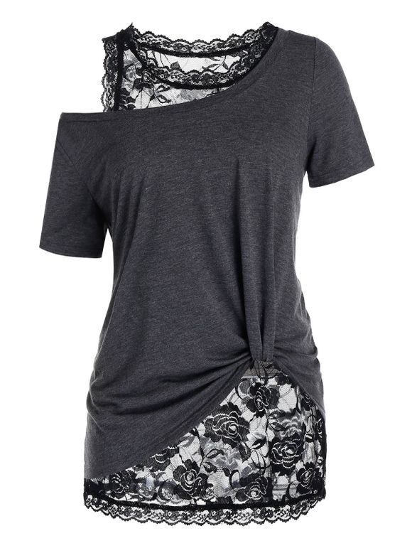 T-shirt de Grande Taille à Col Oblique avec Débardeur Fleuri en Dentelle - Noir L