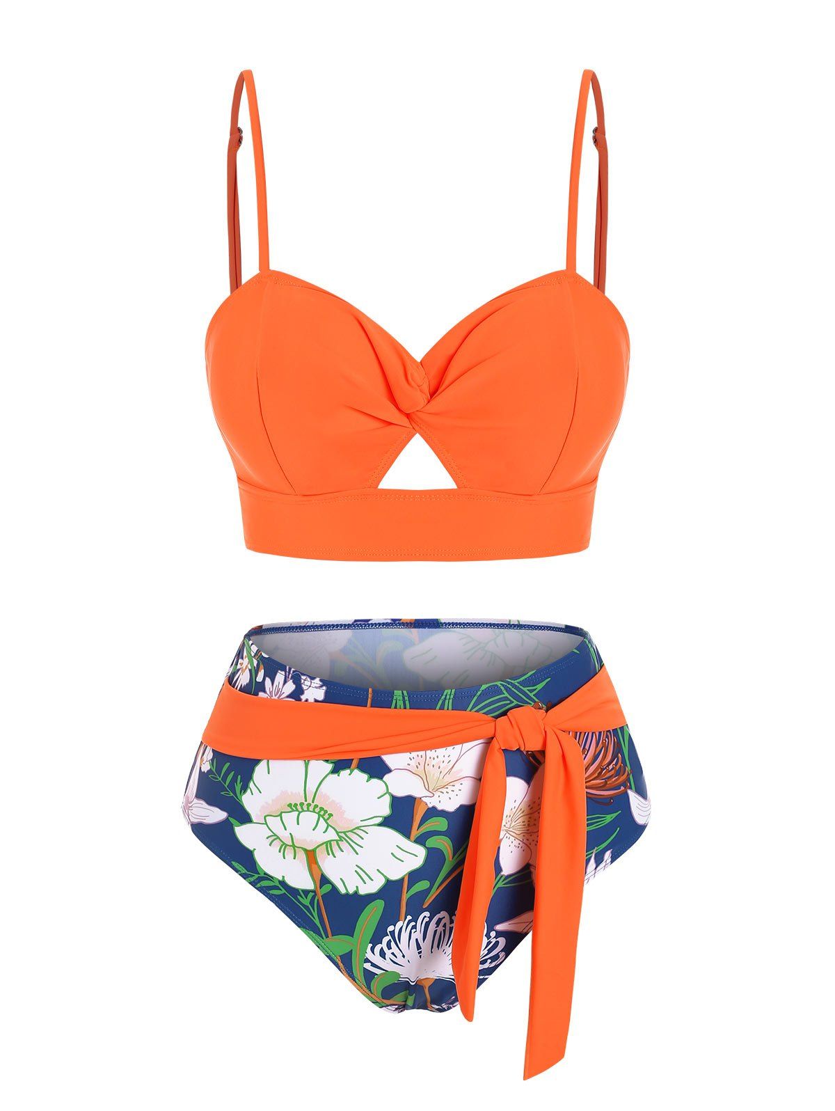 Maillot de Bain Bikini Noué Tordu Fleuri Imprimé - Orange S