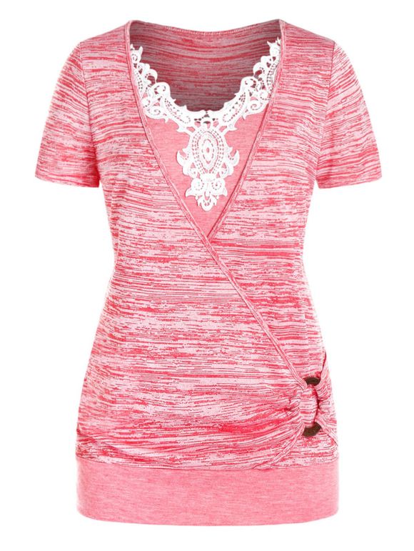 T-shirt Applique Anneau en O en Dentelle de Grande Taille - Rose Rosé 5X