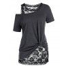 T-shirt de Grande Taille à Col Oblique avec Débardeur Fleuri en Dentelle - Noir 1X