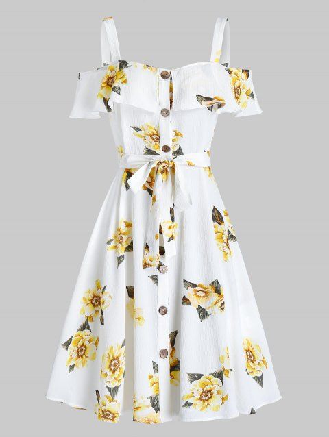 Summer Vacation Flower Print Sundress Open Shoulder Fold Over Belted Mini Dress