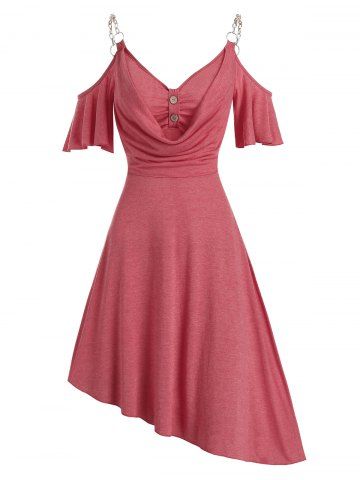 Robe Asymétrique Drapée Epaule Dénudée à Bretelle avec Chaîne