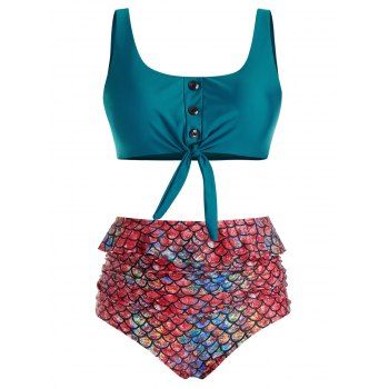 

Plus Size Mermaid Scale Design Button Knot Tankini Swimsuit, Light sea green