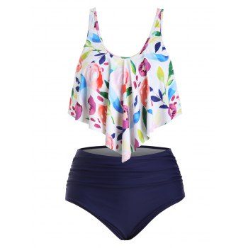 

Plus Size Floral Print Overlay Tankini Swimwear, Deep blue