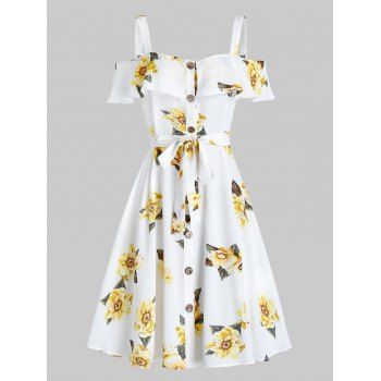 Image of Flower Print Open Shoulder Belted Dress