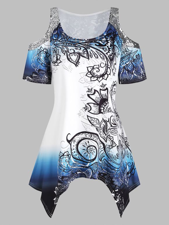 T-shirt Mouchoir Imprimé à Epaule Ouverte de Grande Taille à Paillettes - Bleu Lierre 2X