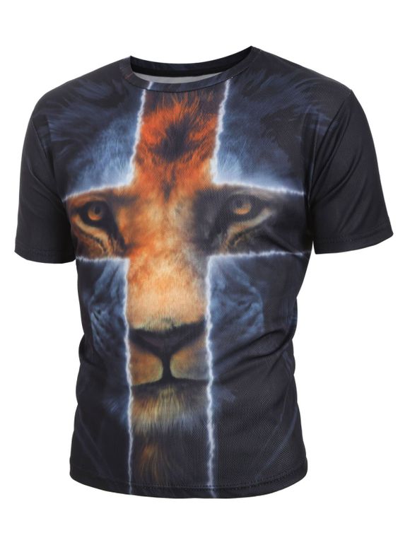 T-shirt Décontracté Animal Imprimé à Manches Courtes - Noir 3XL