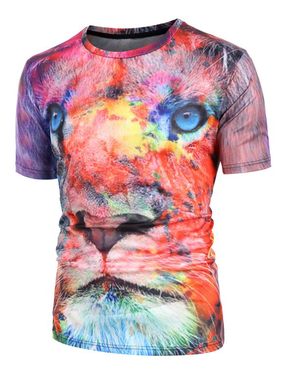 T-shirt Lion Coloré Imprimé à Manches Courtes - multicolor A 2XL