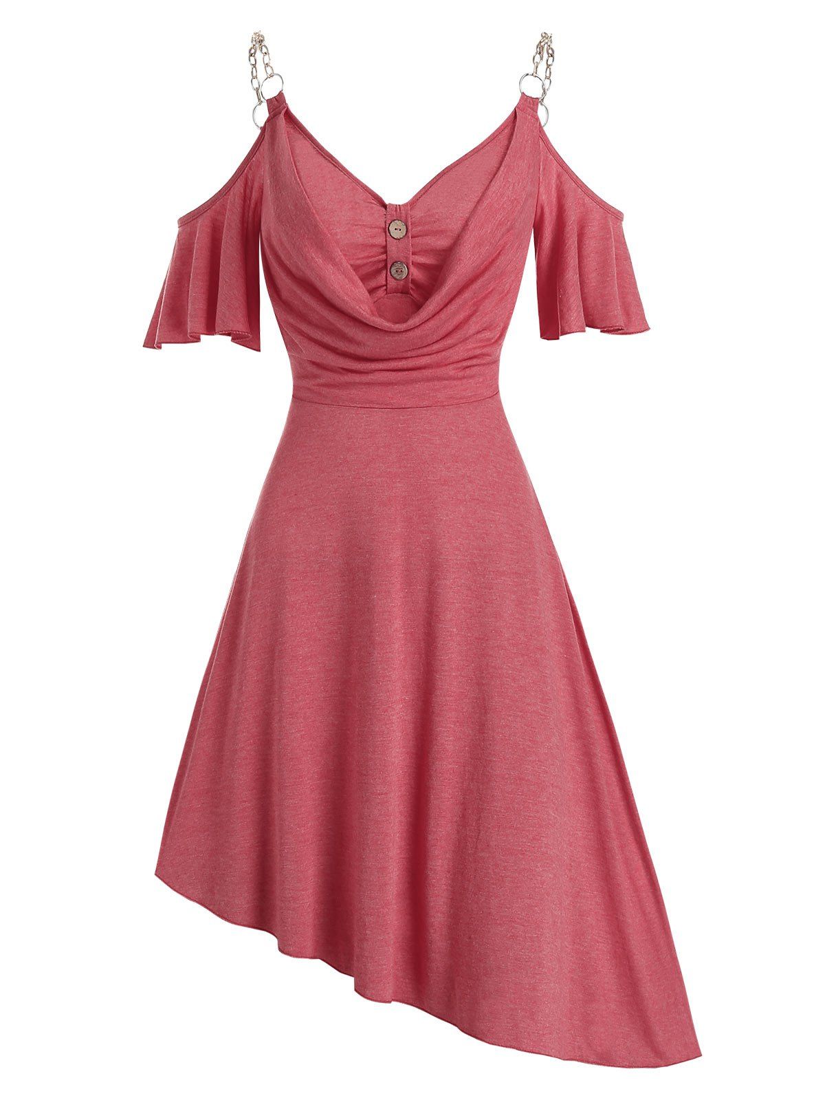 Chain Strap Cold Shoulder Draped Asymmetric Dress - RED L