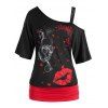 T-shirt à Imprimé Lèvre en Blocs de Couleurs Grande Taille à Col Oblique - Noir 1X