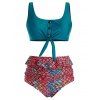 Maillot de Bain Tankini Noué Ecaille de Sirène Design de Grande Taille avec Bouton - Vert Clair de Mer 3X