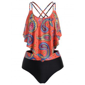 

Plus Size Paisley Print Crisscross Tankini Swimwear, Sunrise orange