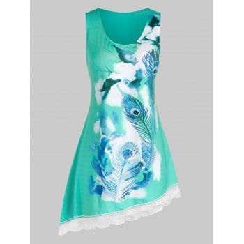 

Plus Size Asymmetrical Feather Print Tank Top, Macaw blue green