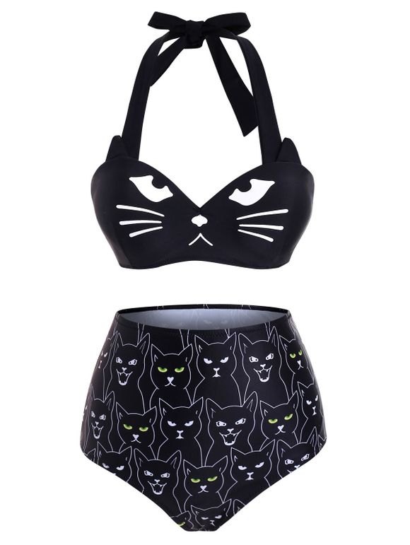 Cat Print Halter Underwire High Waisted Bikini Swimwear - BLACK S