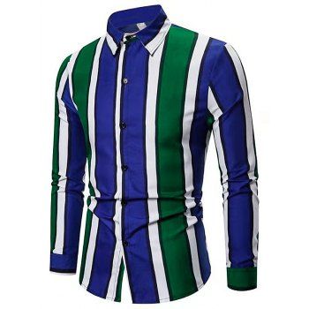 

Color-blocking Striped Long Sleeve Casual Shirt, Green