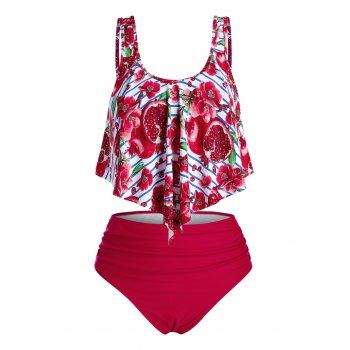 

Plus Size Floral Pomegranate Print Overlay Tankini Swimwear, Valentine red