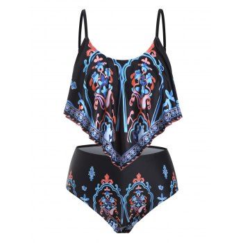 

Printed Overlay Flounces Plus Size Tankini Swimwear, Black