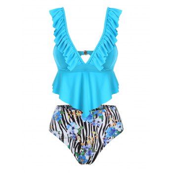 

Floral Zebra Print Ruffles Tankini Set, Deep sky blue