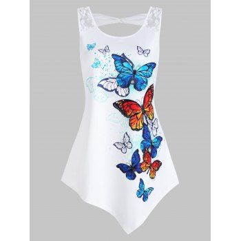 

Butterflies Print Lace Panel Asymmetric Tank Top, White