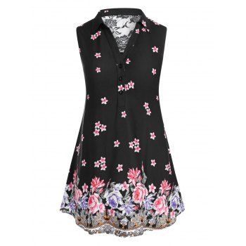 

Plus Size Floral Lace Panel Buttons Tank Top, Black