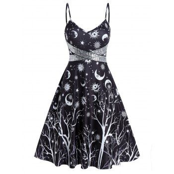 

Sequins Panel Starry Night Print Mini Cami Dress, Black