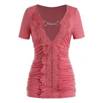 

Plus Size Keyhole Ruched Lace Guipure T Shirt, Valentine red