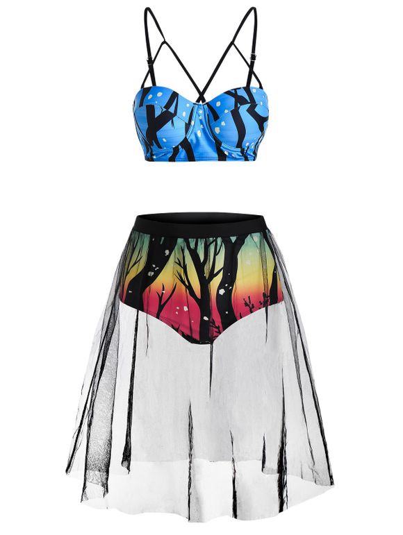 Ombre Tree Print Mesh Panel Bikini Swimwear - multicolor A 2XL