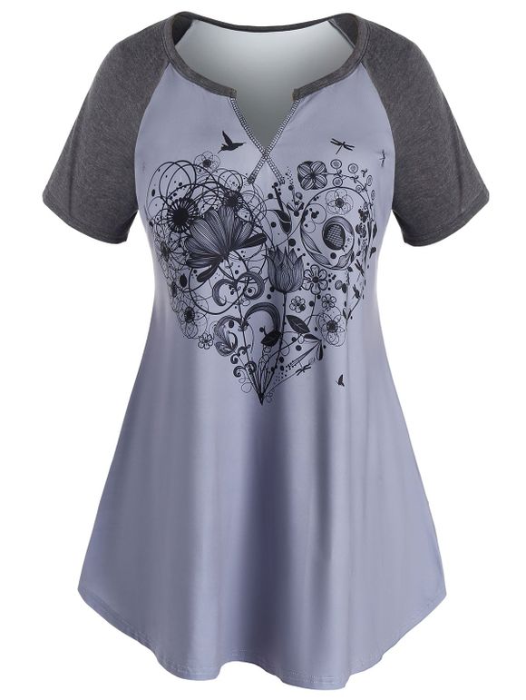 T-shirt Cœur Fleuri Imprimé de Grande Taille à Manches Raglan - Ardoise Grise Claire 5X