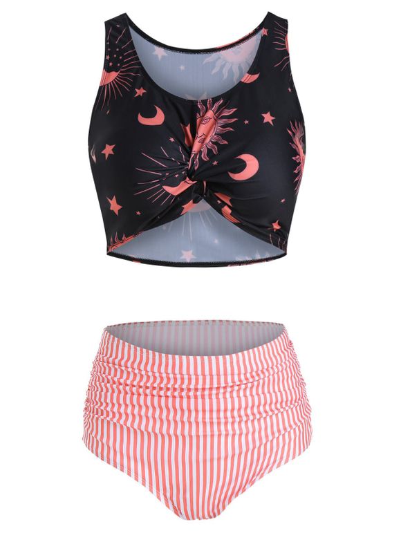 Sun Moon Star Print Twist Front Bikini Swimwear - PINK 3XL