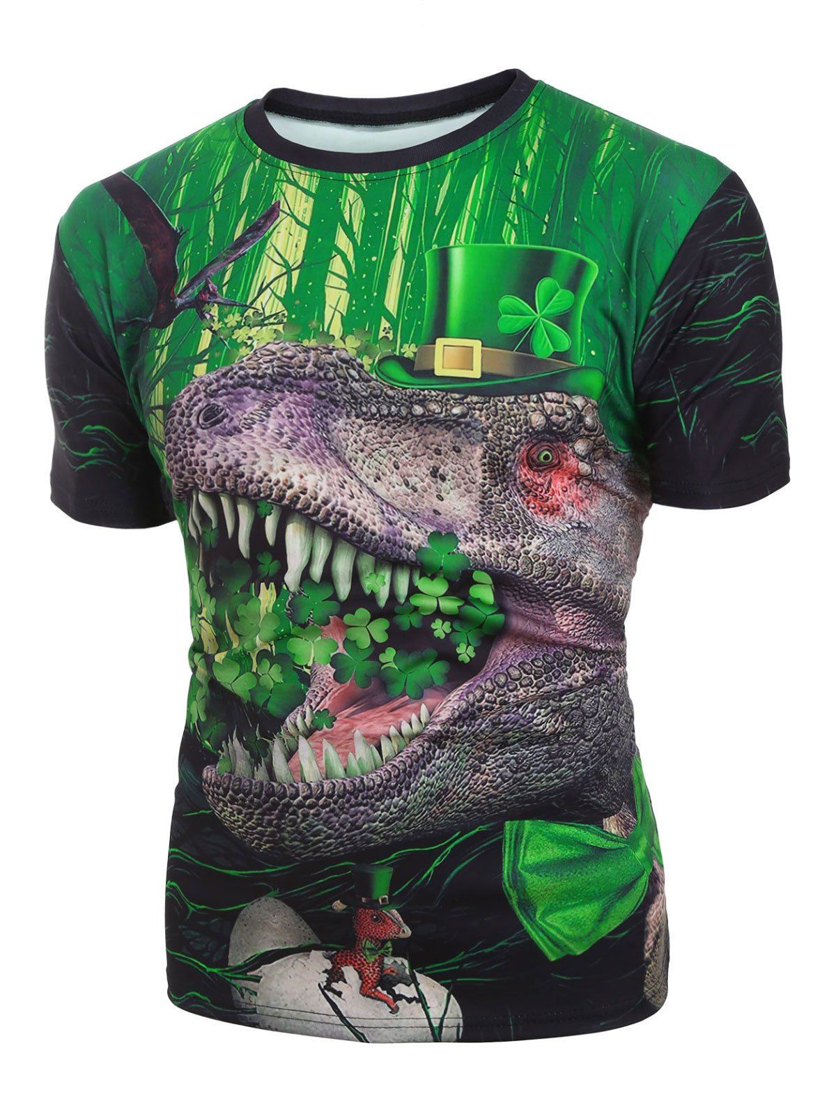 T-shirt Décontracté Motif de Dinosaure à Manches Courtes - Vert Trèfle S