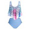 Maillot de Bain Tankini Teinté Imprimé à Coupe Haute de Grande Taille à Volants - Bleu Ciel 2X