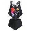 Maillot de Bain Tankini Matelassé Papillon Imprimé à Taille Haute - Noir 2XL