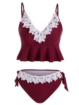 Floral Lace Panel Swimsuit Crochet Knotted Ruffle Plunging Neck Tankini Swimwear
